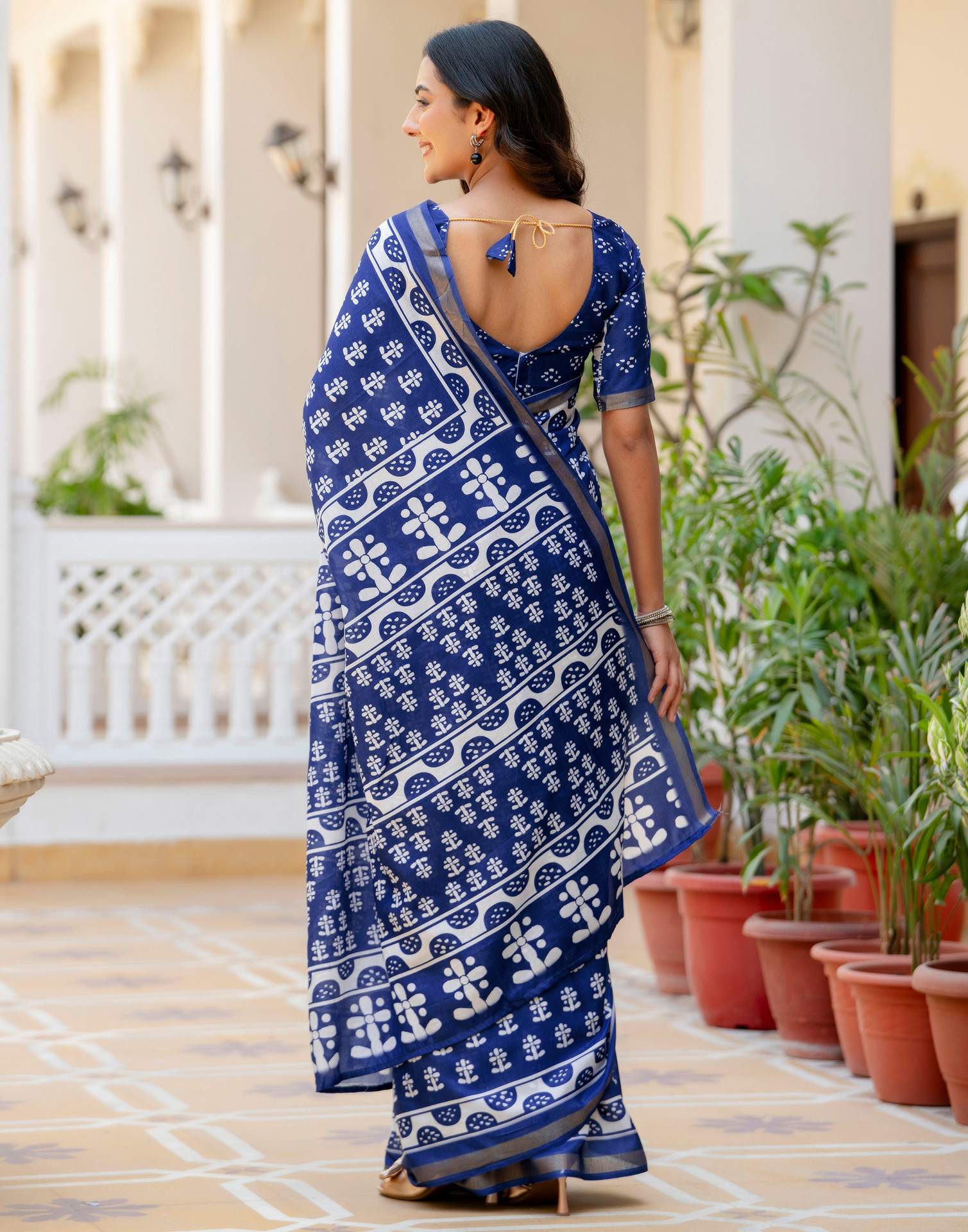Blue Silk Printed Zari Border Saree