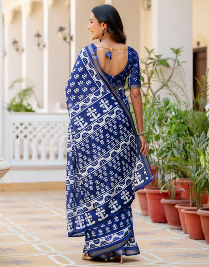 Blue Silk Printed Zari Border Saree