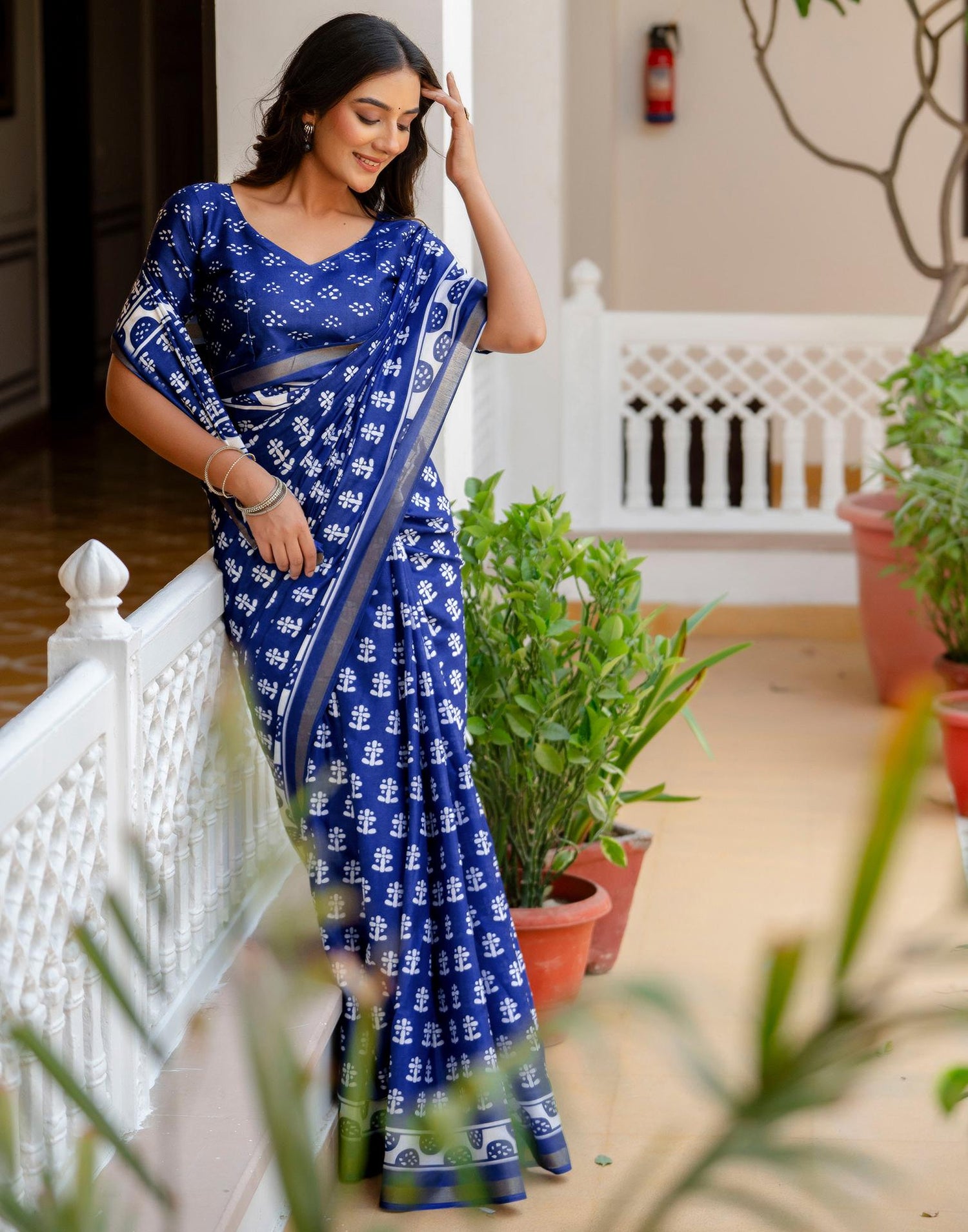 Blue Silk Printed Zari Border Saree