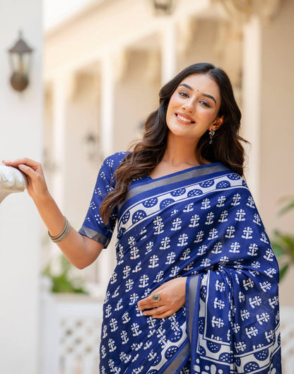 Blue Silk Printed Zari Border Saree