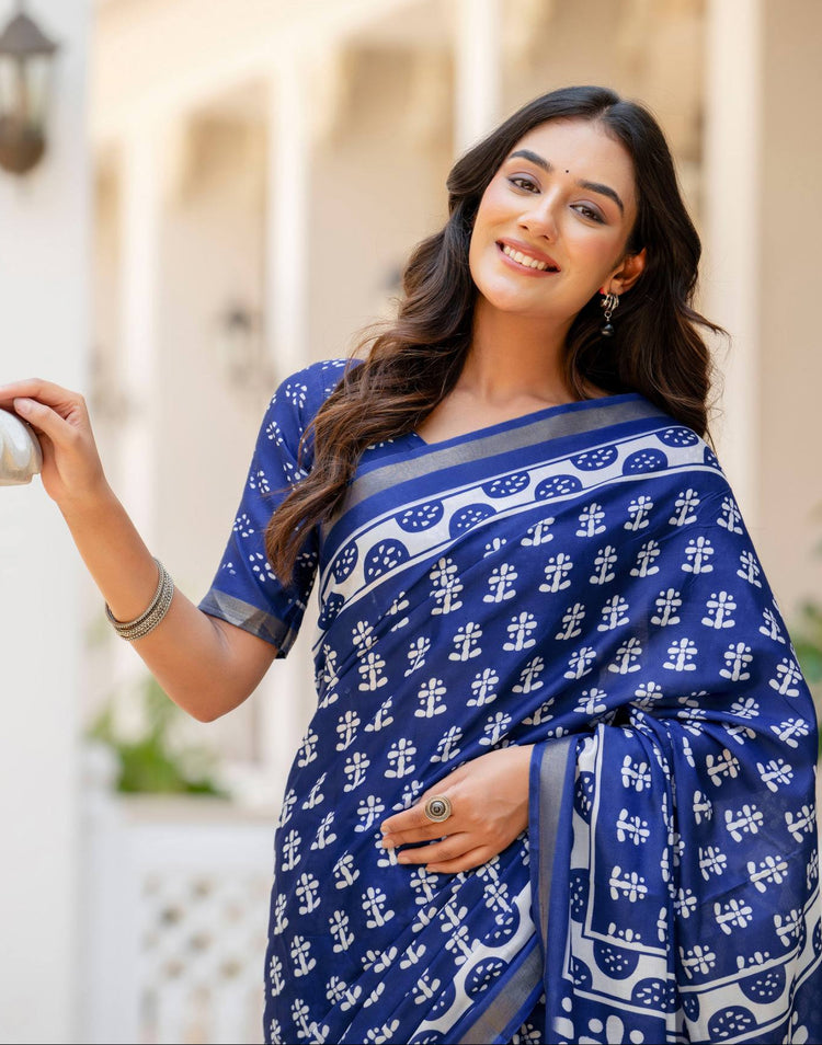 Blue Silk Printed Zari Border Saree