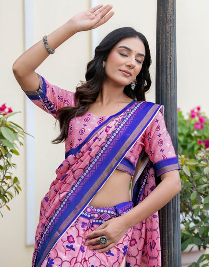Light Pink Silk Printed Zari Border Saree