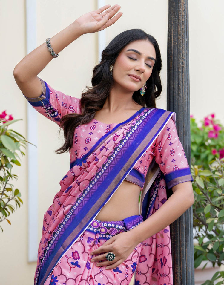 Light Pink Silk Printed Zari Border Saree