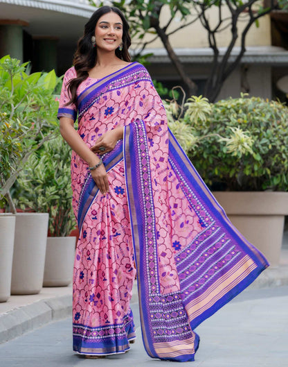 Light Pink Silk Printed Zari Border Saree