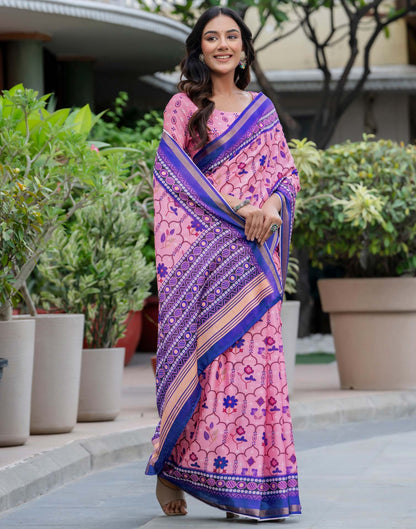Light Pink Silk Printed Zari Border Saree