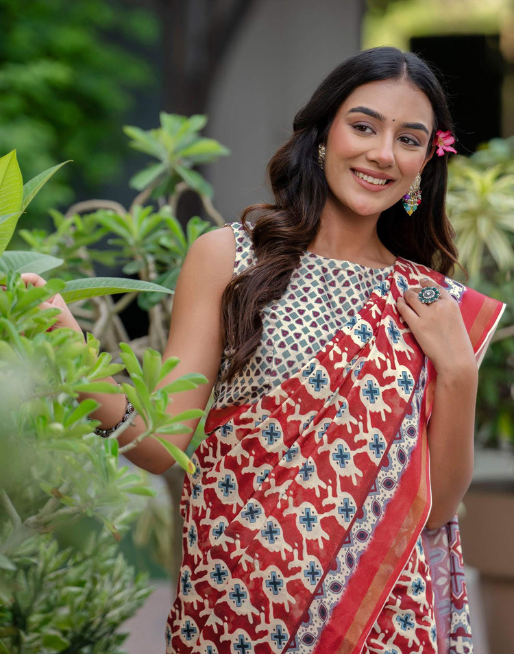 Maroon Silk Printed Zari Border Saree