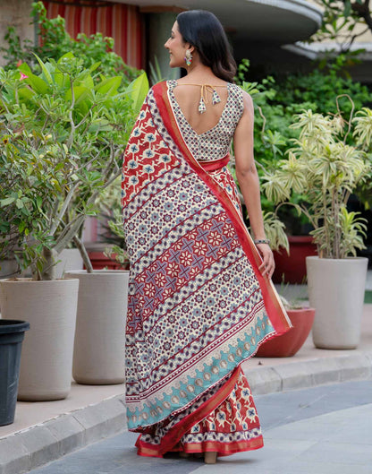 Maroon Silk Printed Zari Border Saree