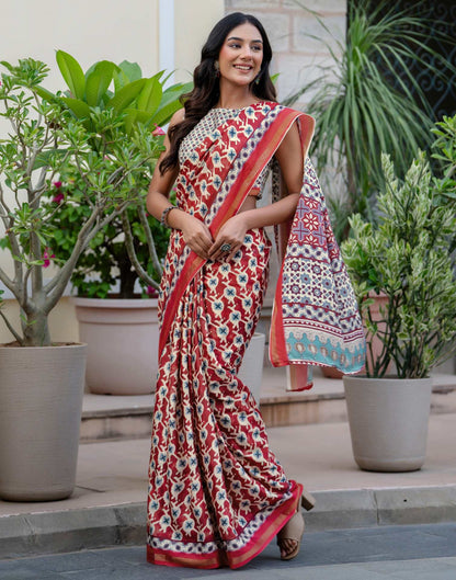 Maroon Silk Printed Zari Border Saree