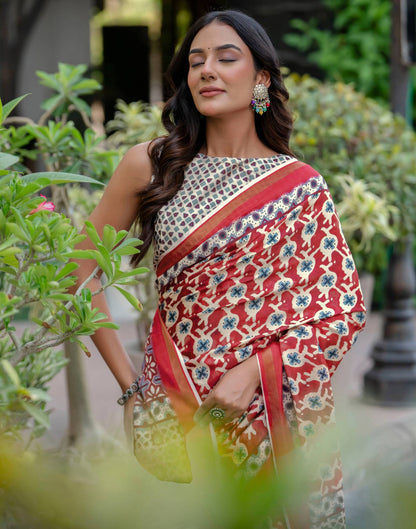 Maroon Silk Printed Zari Border Saree