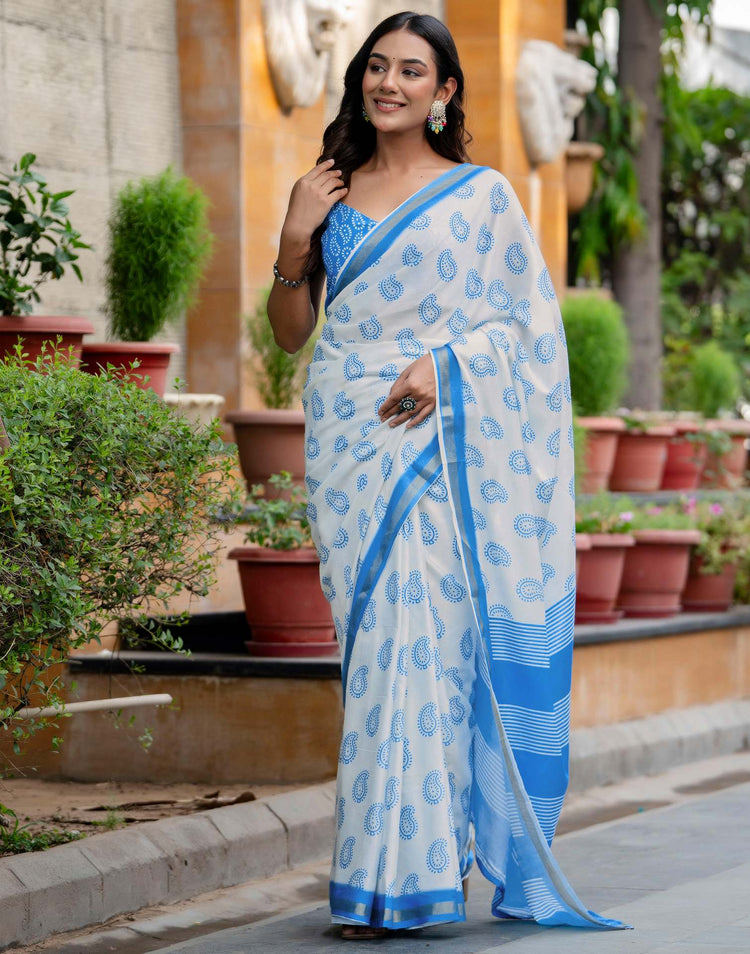 Off White Silk Printed Zari Border Saree