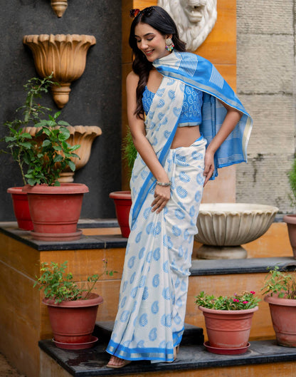 Off White Silk Printed Zari Border Saree