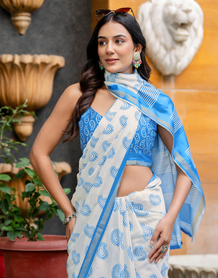 Off White Silk Printed Zari Border Saree