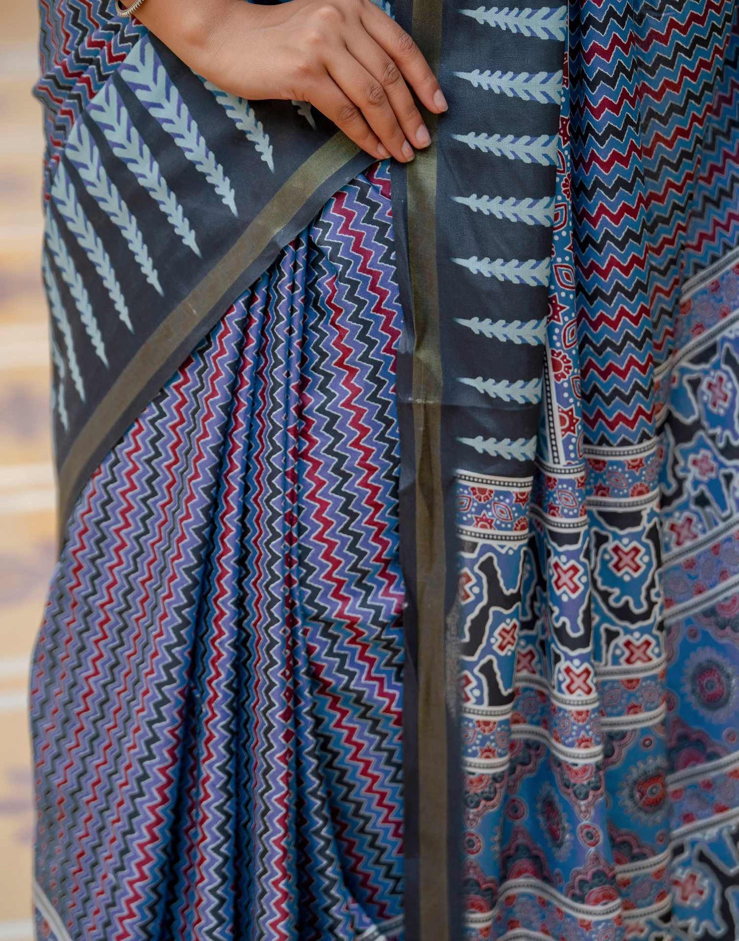 Dusty Blue Silk Printed Zari Border Saree