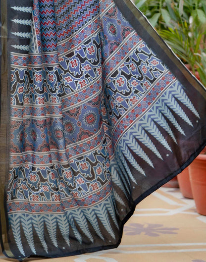 Dusty Blue Silk Printed Zari Border Saree