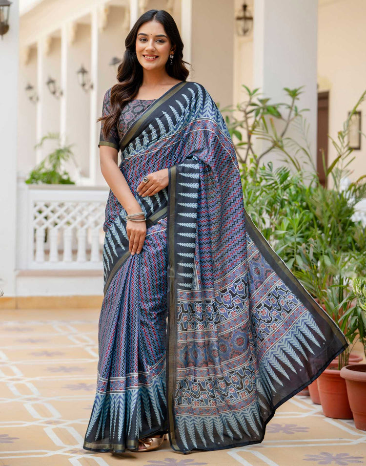 Dusty Blue Silk Printed Zari Border Saree