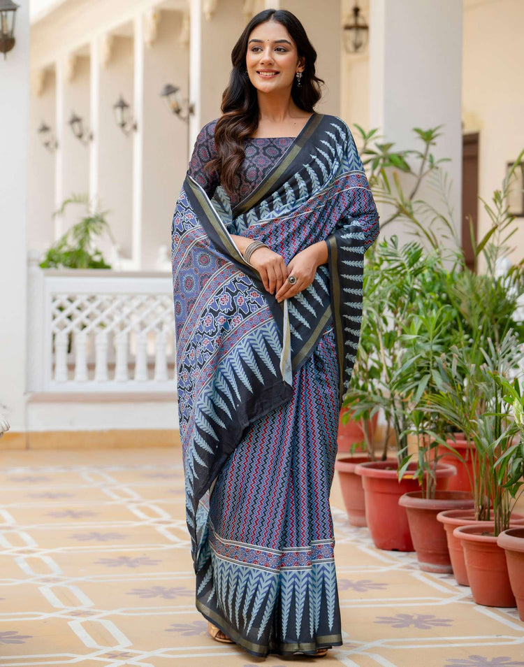Dusty Blue Silk Printed Zari Border Saree