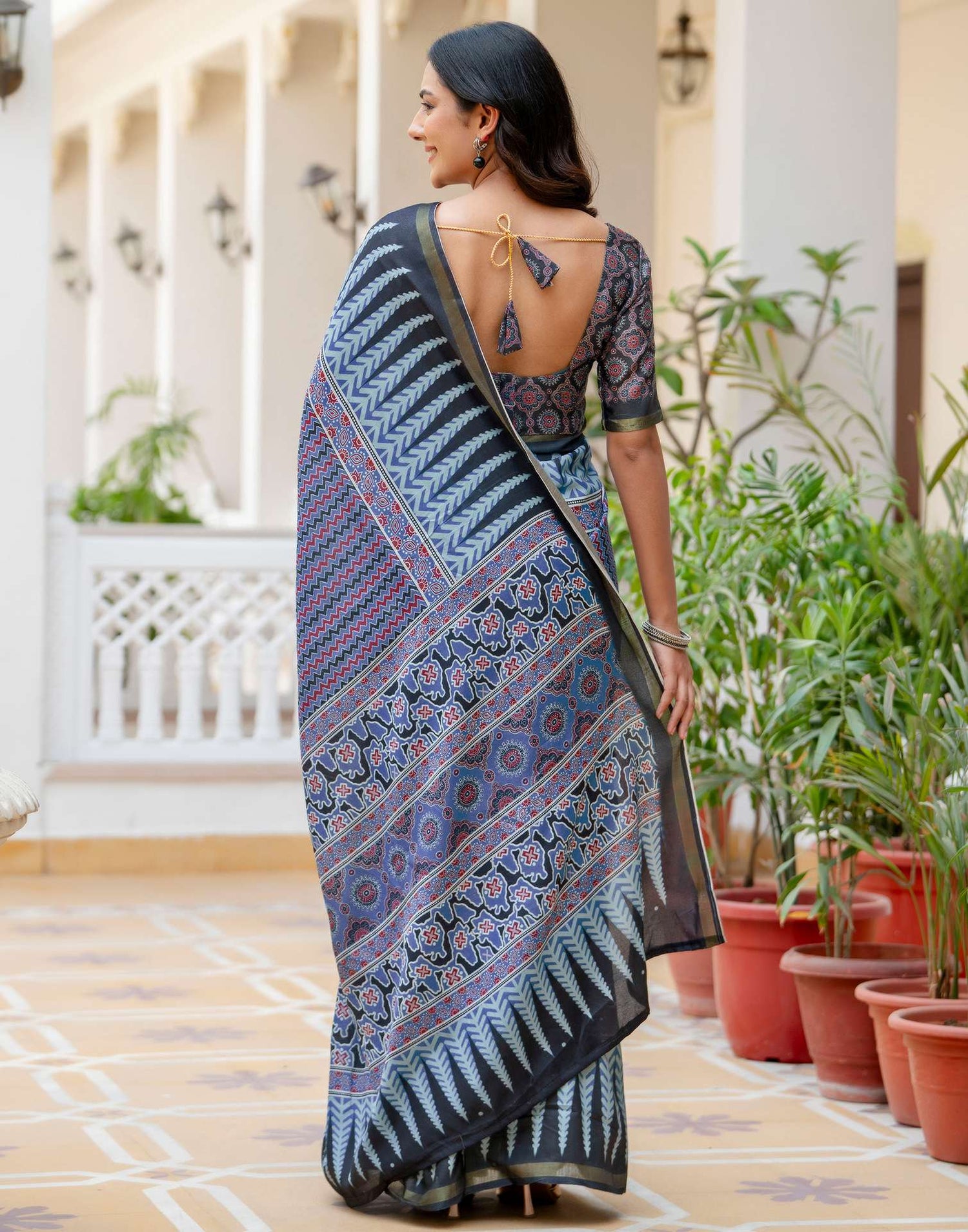 Dusty Blue Silk Printed Zari Border Saree