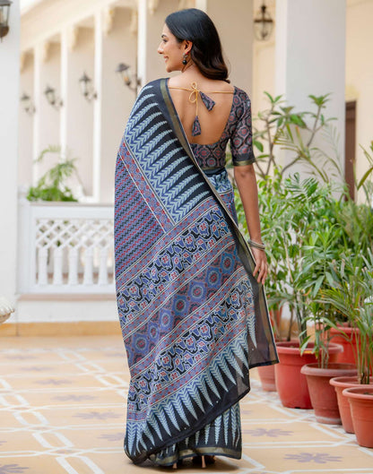 Dusty Blue Silk Printed Zari Border Saree
