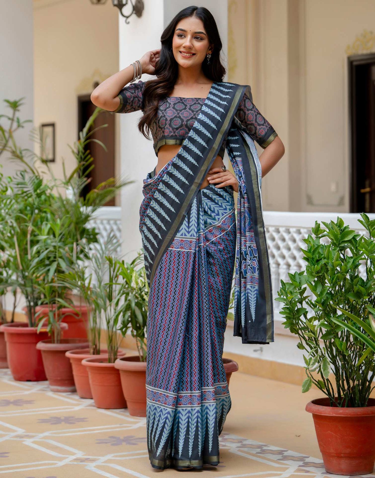 Dusty Blue Silk Printed Zari Border Saree