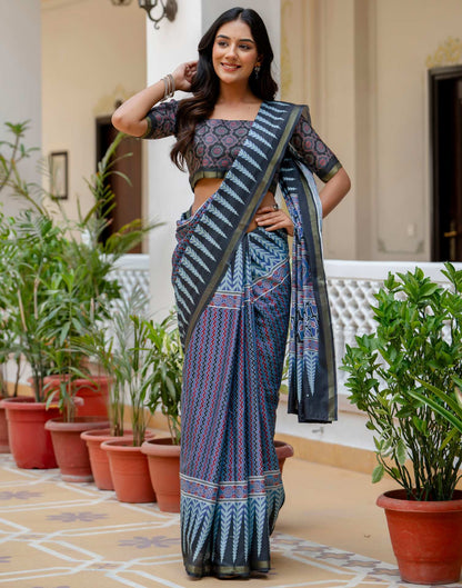 Dusty Blue Silk Printed Zari Border Saree