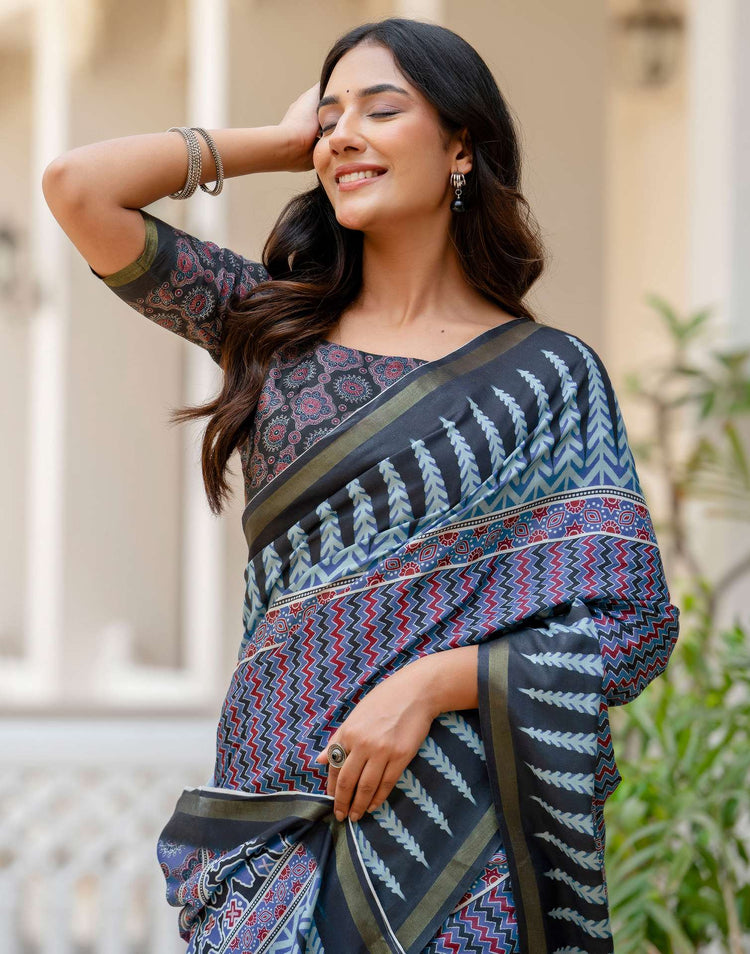 Dusty Blue Silk Printed Zari Border Saree