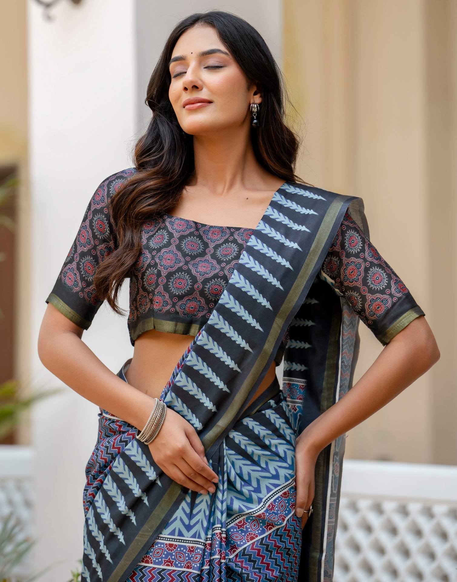 Dusty Blue Silk Printed Zari Border Saree