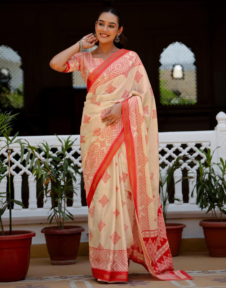Beige Silk Printed Zari Border Saree