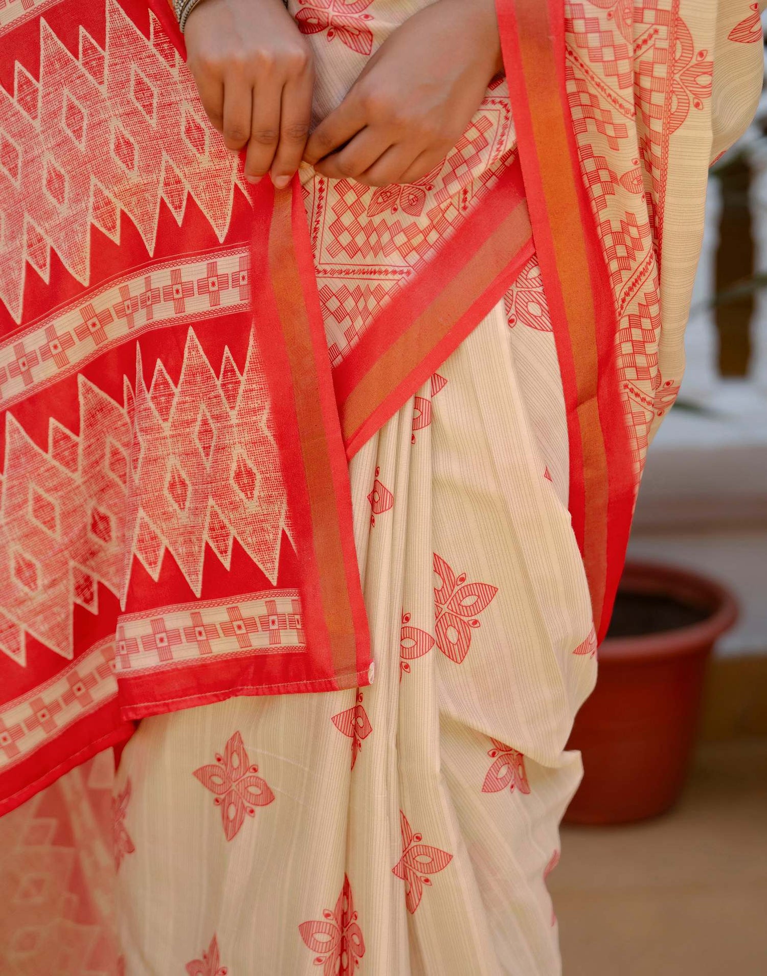 Beige Silk Printed Zari Border Saree