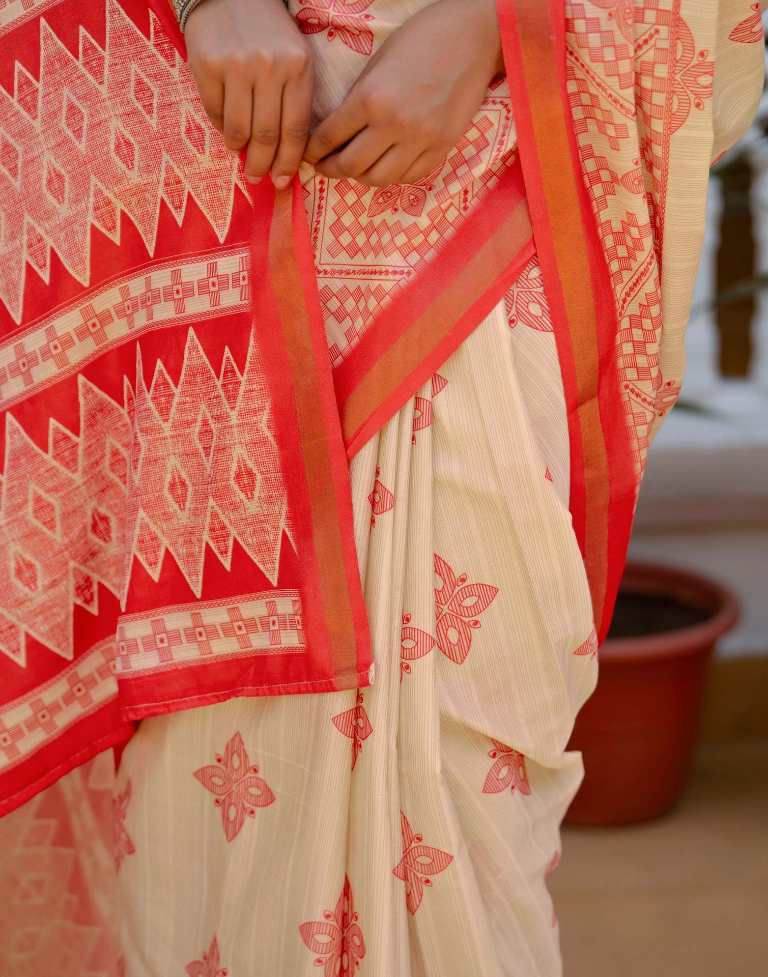 Beige Silk Printed Zari Border Saree