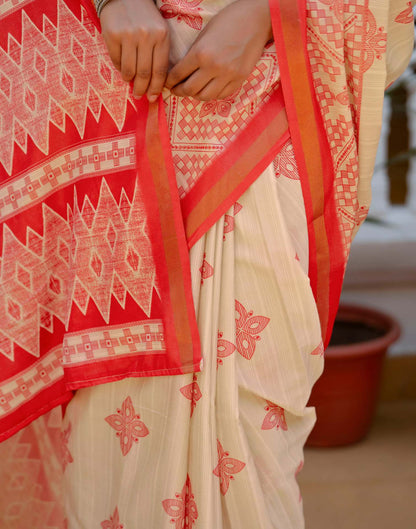 Beige Silk Printed Zari Border Saree