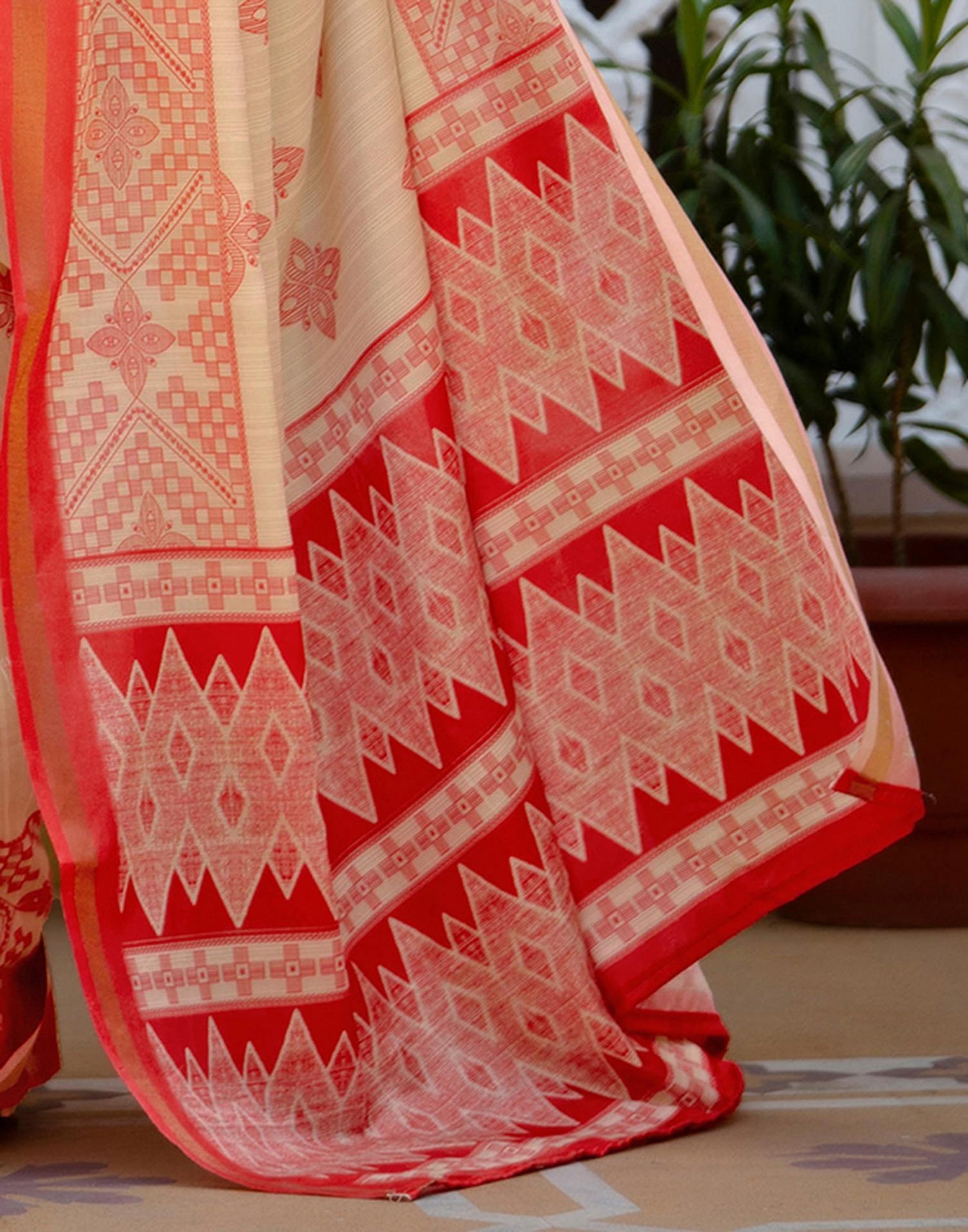 Beige Silk Printed Zari Border Saree