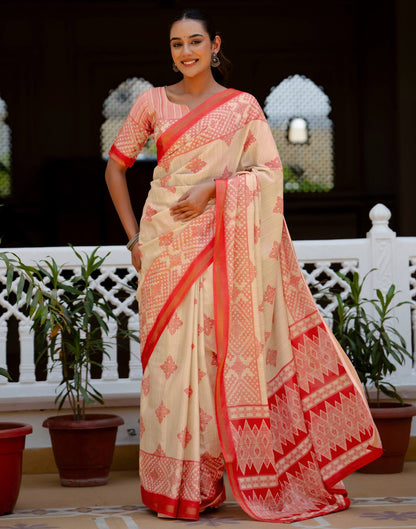 Beige Silk Printed Zari Border Saree