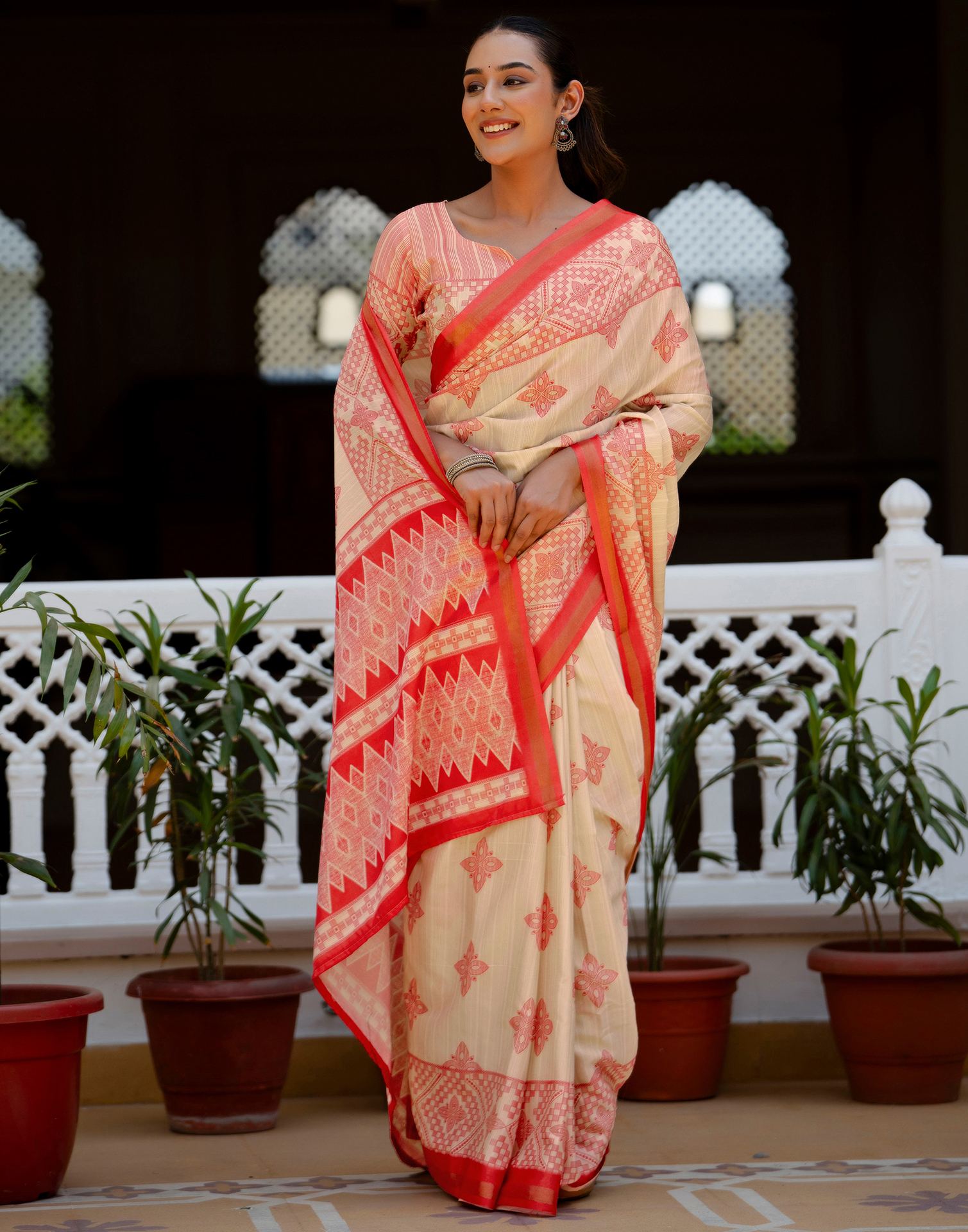 Beige Silk Printed Zari Border Saree