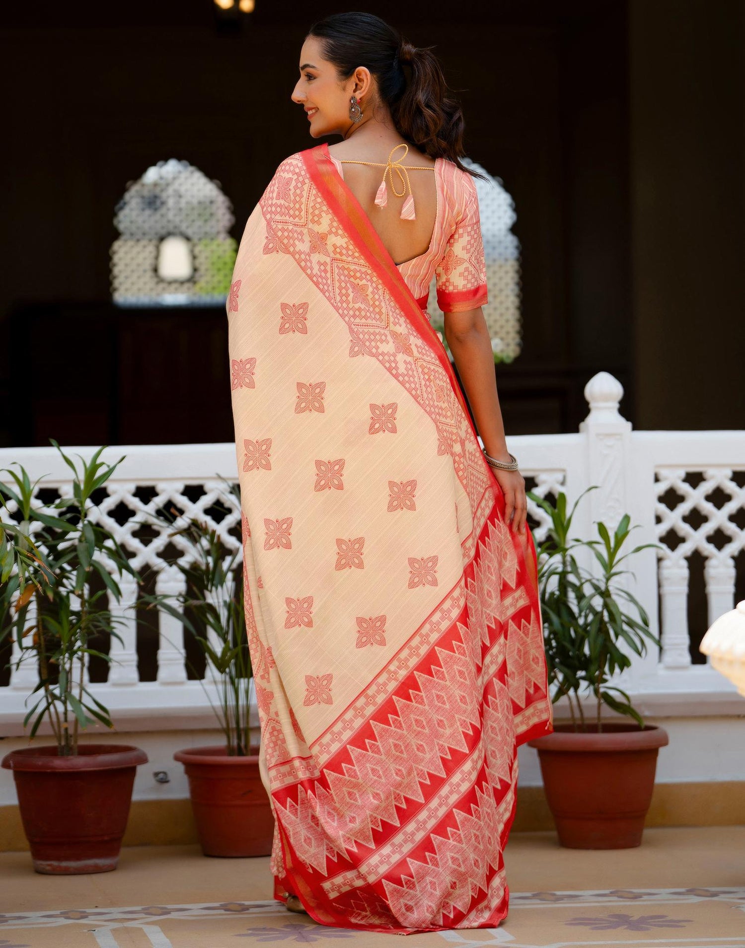 Beige Silk Printed Zari Border Saree