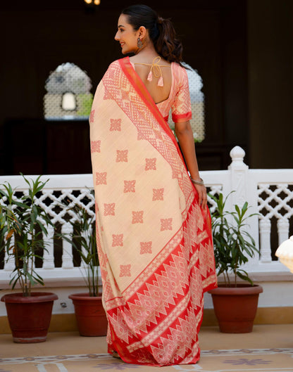 Beige Silk Printed Zari Border Saree