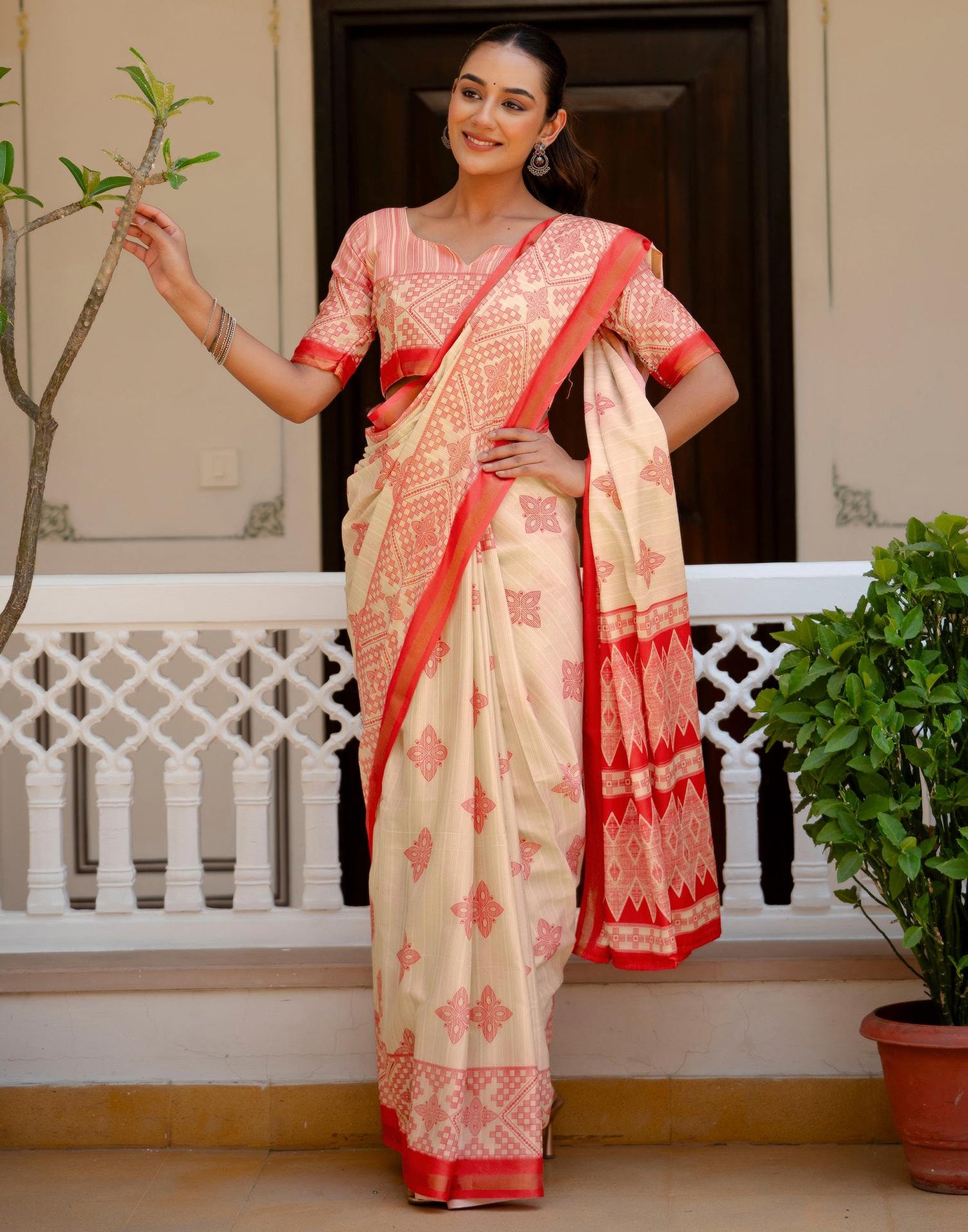 Beige Silk Printed Zari Border Saree