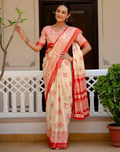 Beige Silk Printed Zari Border Saree