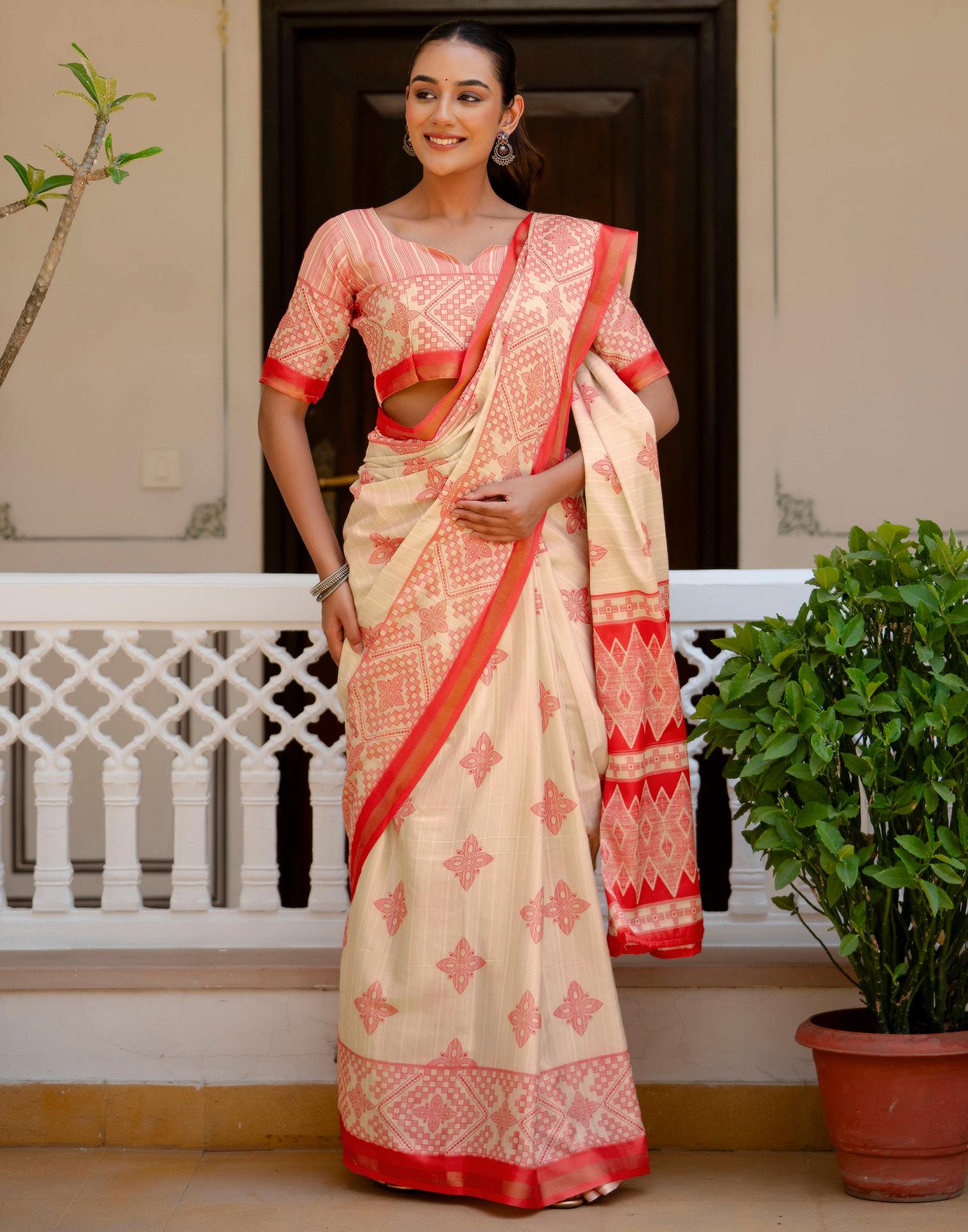 Beige Silk Printed Zari Border Saree