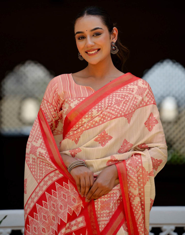 Beige Silk Printed Zari Border Saree