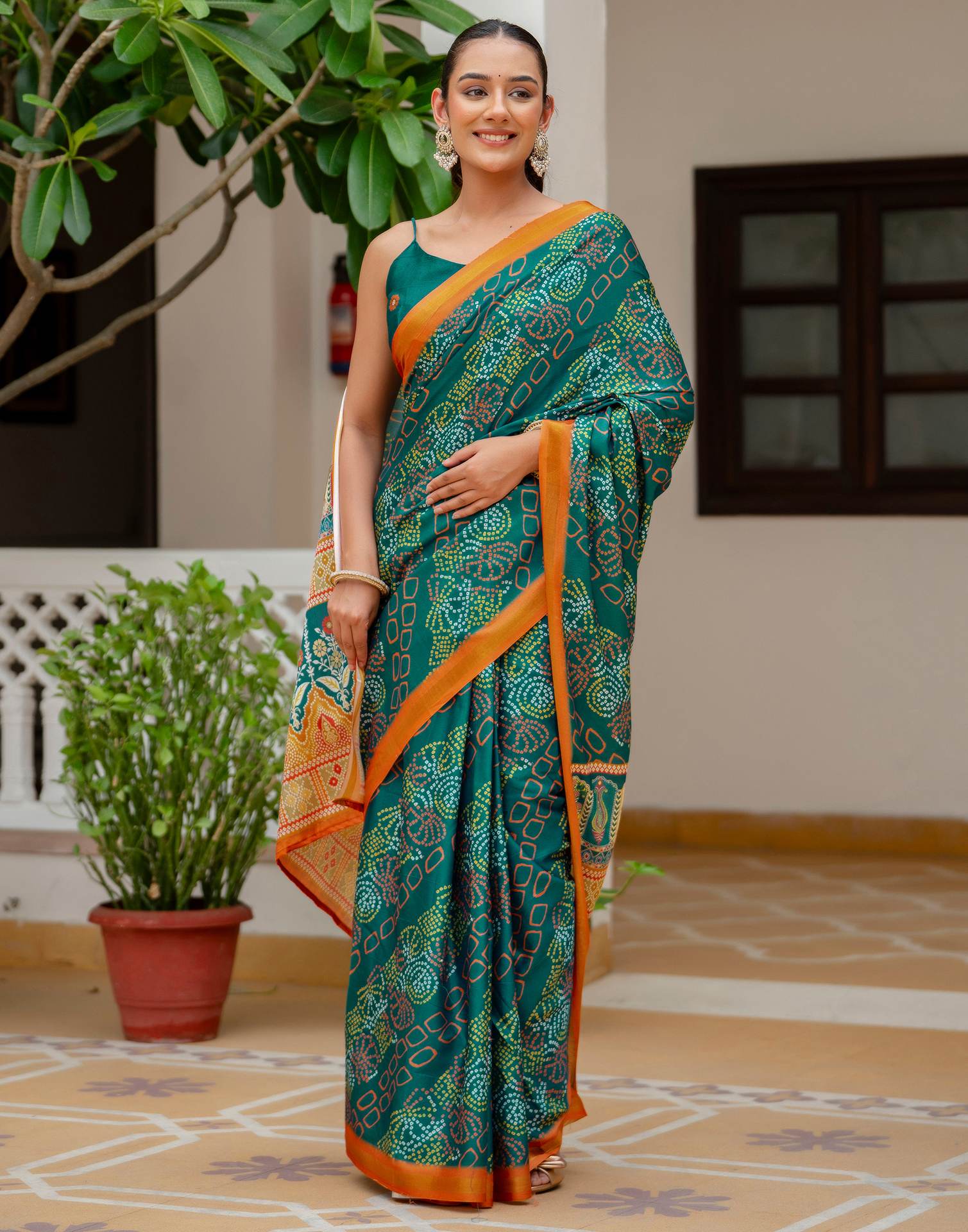 Rama Blue Silk Bandhani Printed Zari Border Saree