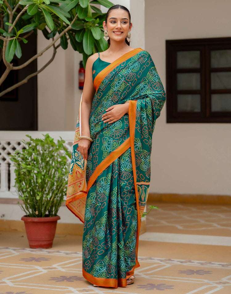 Rama Blue Silk Bandhani Printed Zari Border Saree