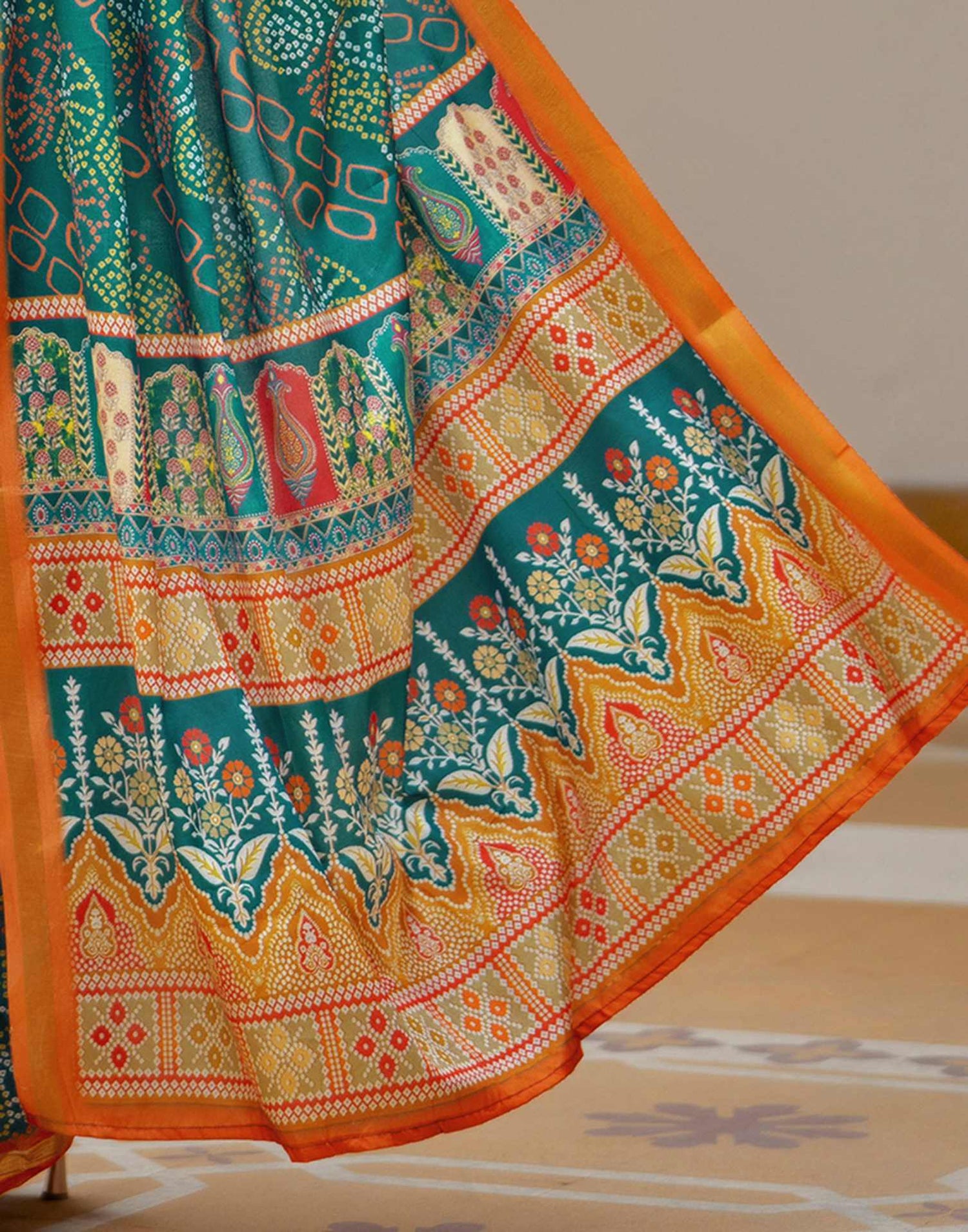 Rama Blue Silk Bandhani Printed Zari Border Saree