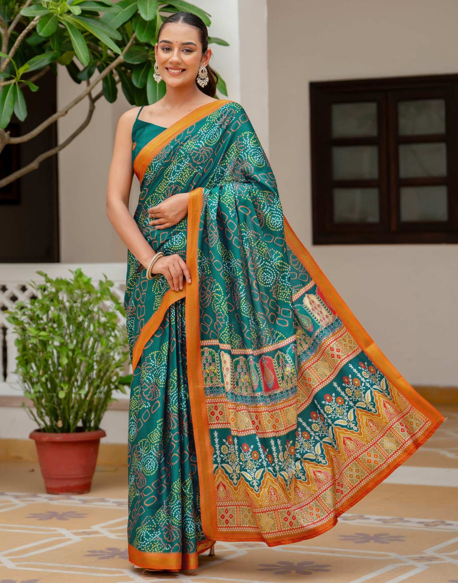 Rama Blue Silk Bandhani Printed Zari Border Saree