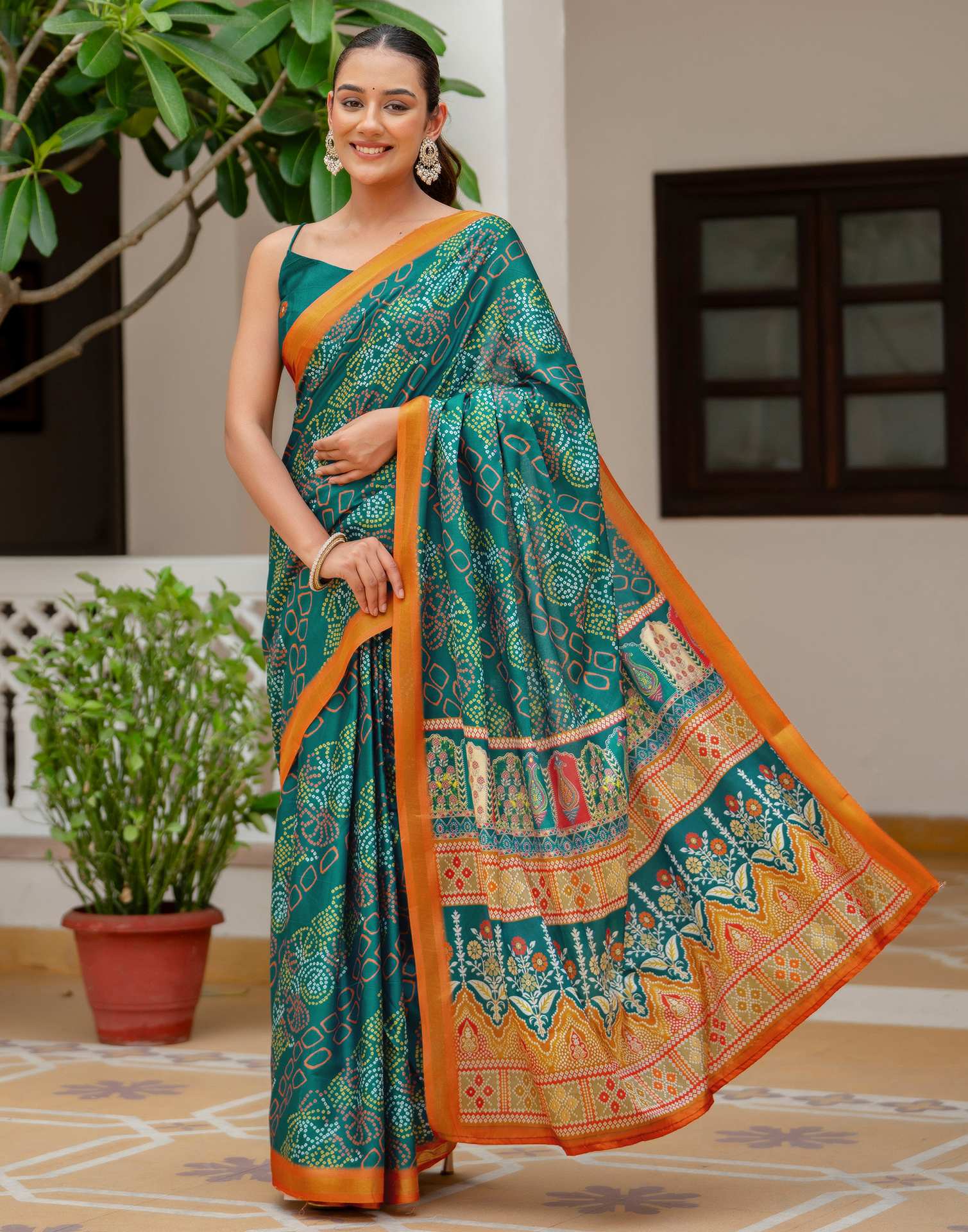 Rama Blue Silk Bandhani Printed Zari Border Saree