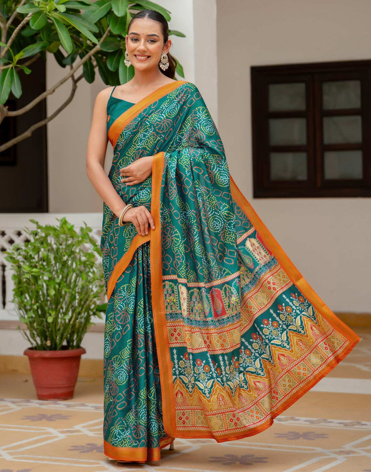 Rama Blue Silk Bandhani Printed Zari Border Saree