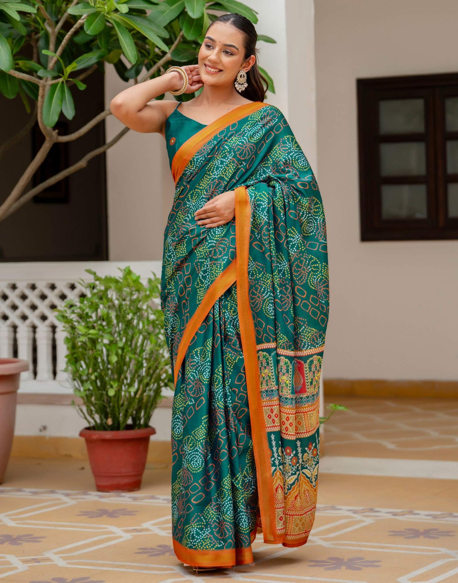 Rama Blue Silk Bandhani Printed Zari Border Saree
