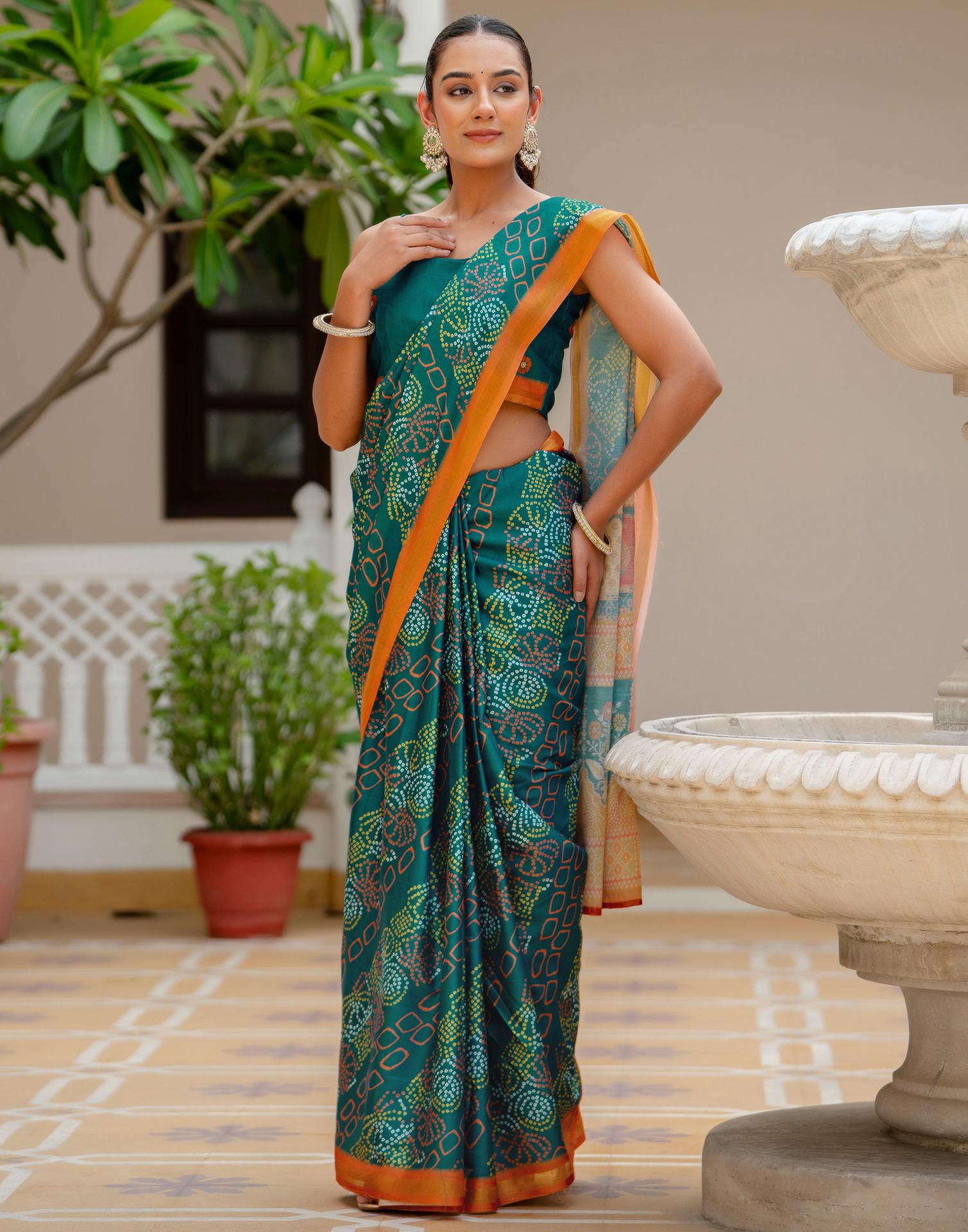 Rama Blue Silk Bandhani Printed Zari Border Saree