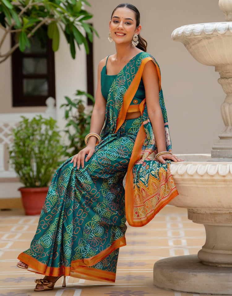 Rama Blue Silk Bandhani Printed Zari Border Saree