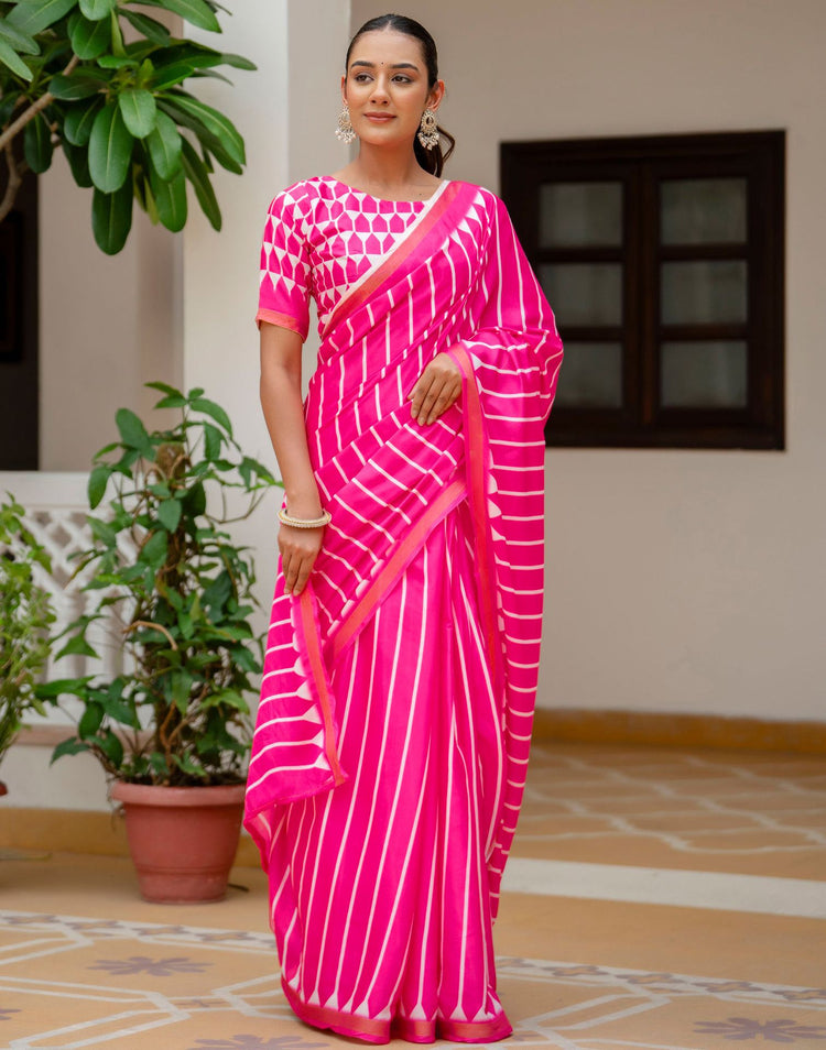 Pink Silk Printed Zari Border Saree