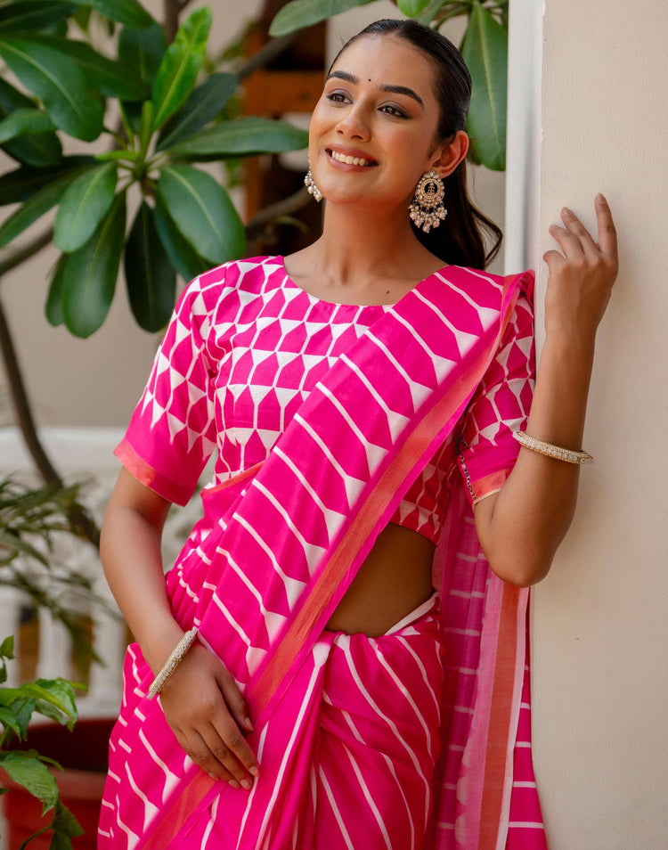 Pink Silk Printed Zari Border Saree